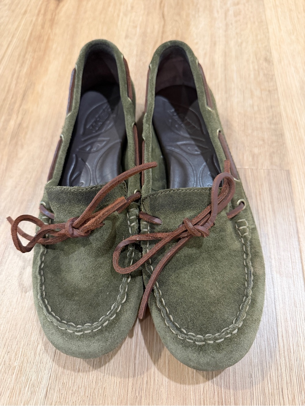 Born Olive Green Suede Moccasins with Brown Laces